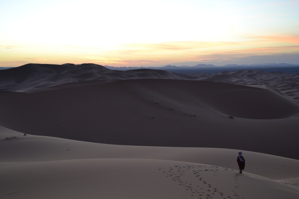 Erg Chebbi, a massive sand dune in Morocco's western desert, near the Algerian border. 