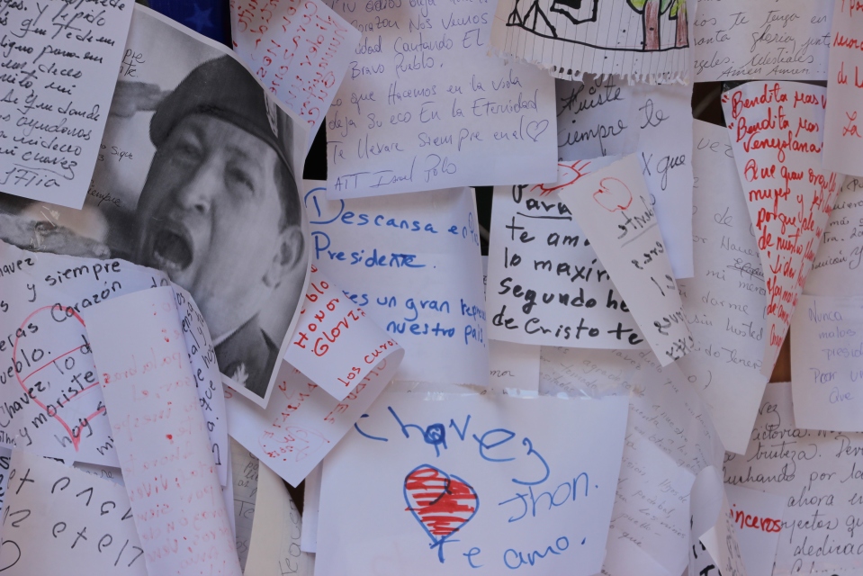 Messages to Chavez plastering the walls of council chambers in Merida, Venezuela. These letters were affixed to the walls by supporters in the days after his death. Many Chavistas continued to linger in the square in front of the chambers for hours after farewelling their former president.